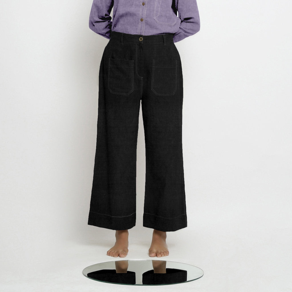 Black Cotton Linen Patch Pocket Wide Legged Pant