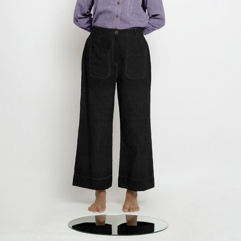 Black Cotton Linen Patch Pocket Wide Legged Pant