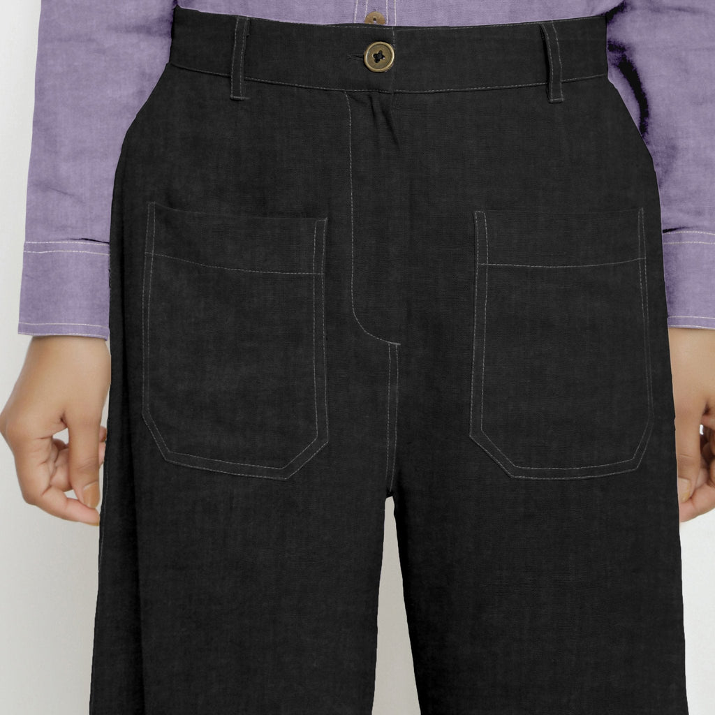 Black Cotton Linen Patch Pocket Wide Legged Pant