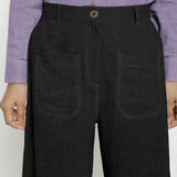 Black Cotton Linen Patch Pocket Wide Legged Pant