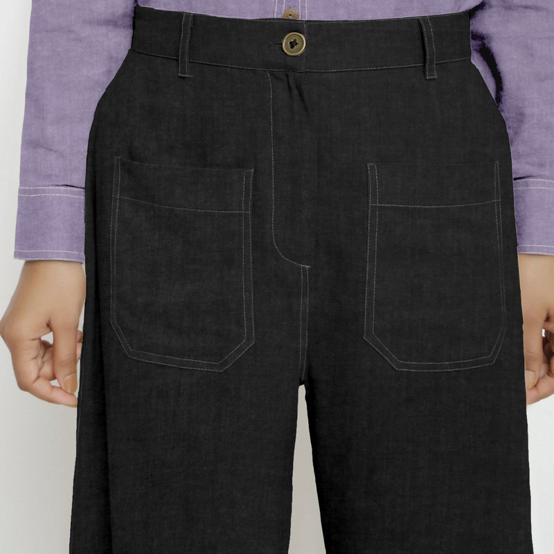 Black Cotton Linen Patch Pocket Wide Legged Pant