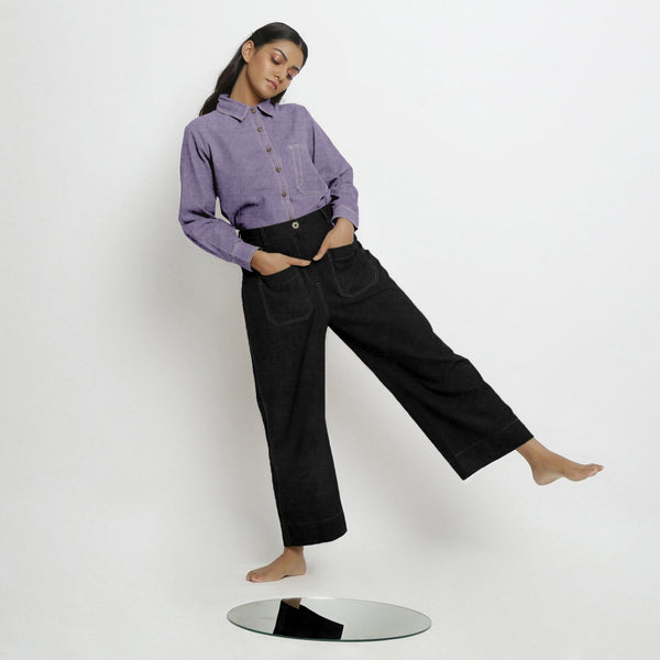 Black Cotton Linen Patch Pocket Wide Legged Pant