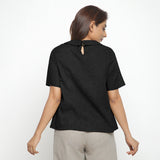Black Cotton Linen Peter Pan Collar Half Sleeve Top