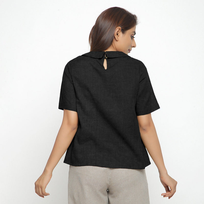 Black Cotton Linen Peter Pan Collar Half Sleeve Top