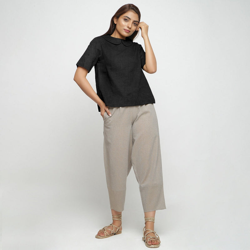 Black Cotton Linen Peter Pan Collar Half Sleeve Top