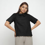 Black Cotton Linen Peter Pan Collar Half Sleeve Top
