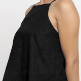 Black Cotton Linen Relaxed Fit Spaghetti Top