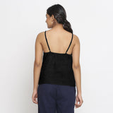 Black Cotton Linen Relaxed Fit Spaghetti Top