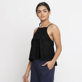 Black Cotton Linen Relaxed Fit Spaghetti Top