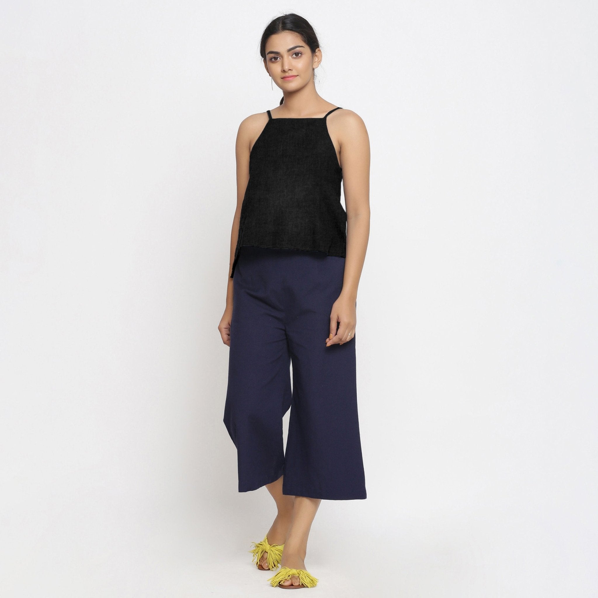 Black Cotton Linen Relaxed Fit Spaghetti Top
