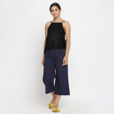 Black Cotton Linen Relaxed Fit Spaghetti Top