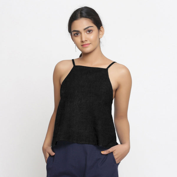 Black Cotton Linen Relaxed Fit Spaghetti Top