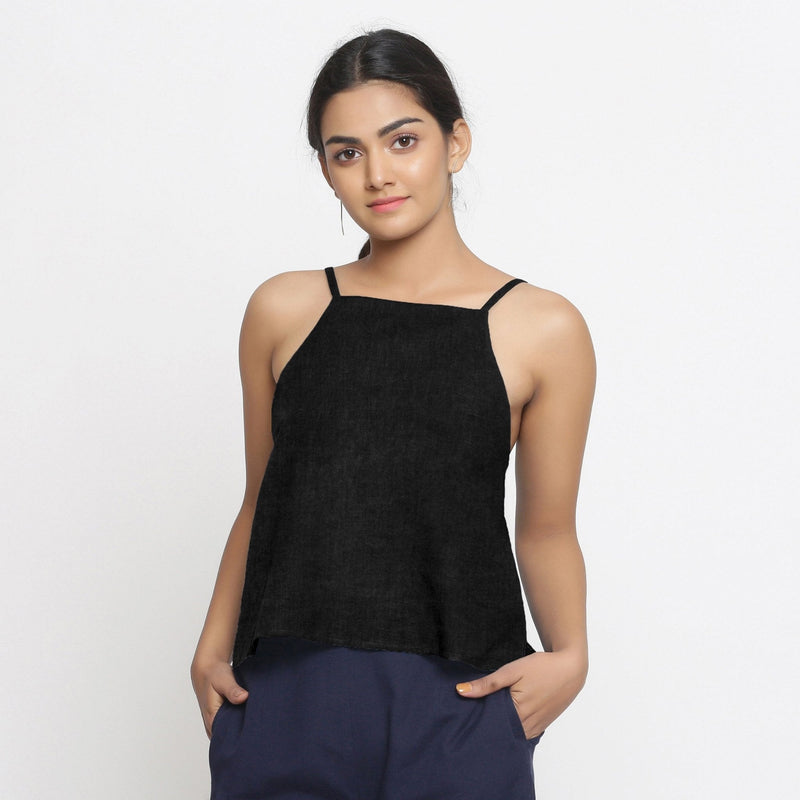 Black Cotton Linen Relaxed Fit Spaghetti Top