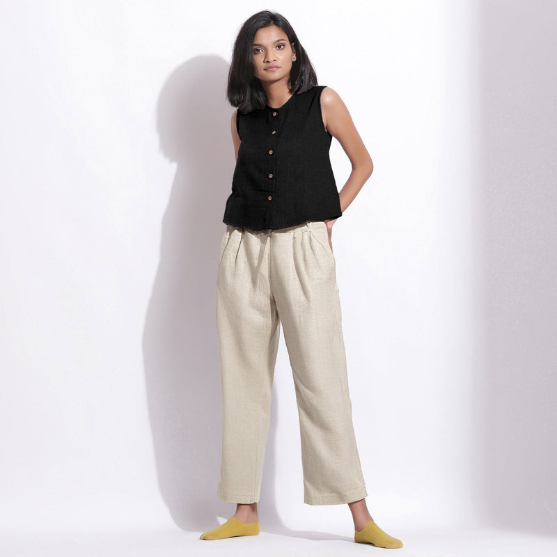 Black Cotton Linen Sleeveless Button-Down Shirt