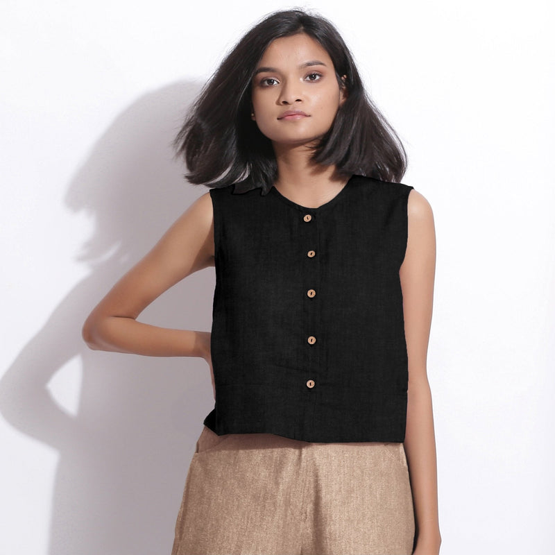 Black Cotton Linen Sleeveless Button-Down Shirt