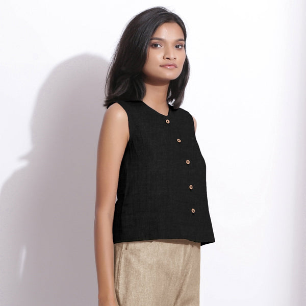 Black Cotton Linen Sleeveless Button-Down Shirt
