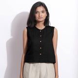 Black Cotton Linen Sleeveless Button-Down Shirt