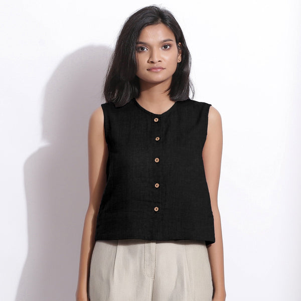 Black Cotton Linen Sleeveless Button-Down Shirt