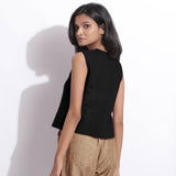 Black Cotton Linen Sleeveless Button-Down Shirt