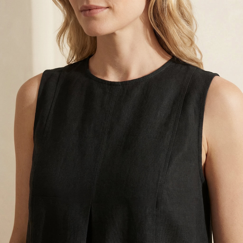 Black Cotton Linen Sleeveless Paneled Swing Dress