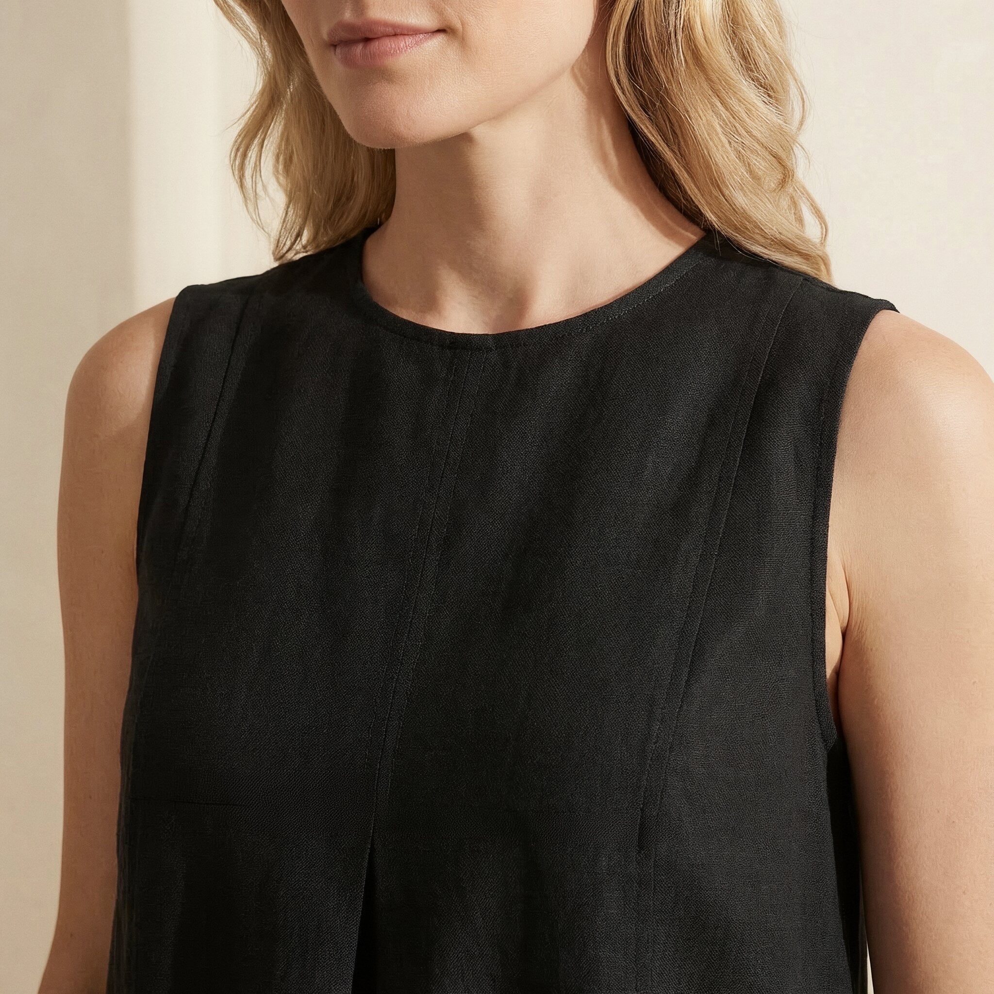 Black Cotton Linen Sleeveless Paneled Swing Dress