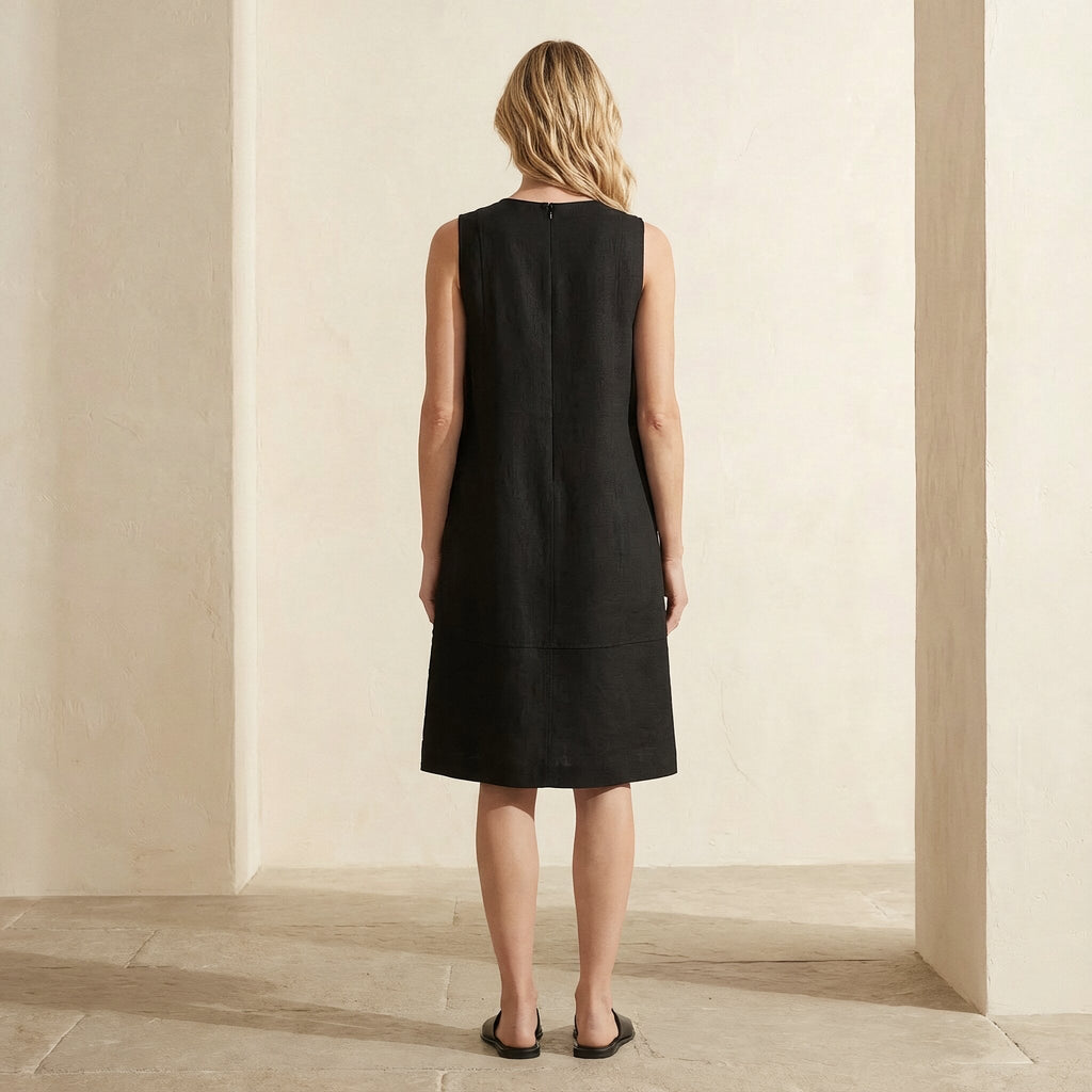 Black Cotton Linen Sleeveless Paneled Swing Dress