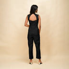 Black Cotton Linen Sleeveless Princess Line Jumpsuit