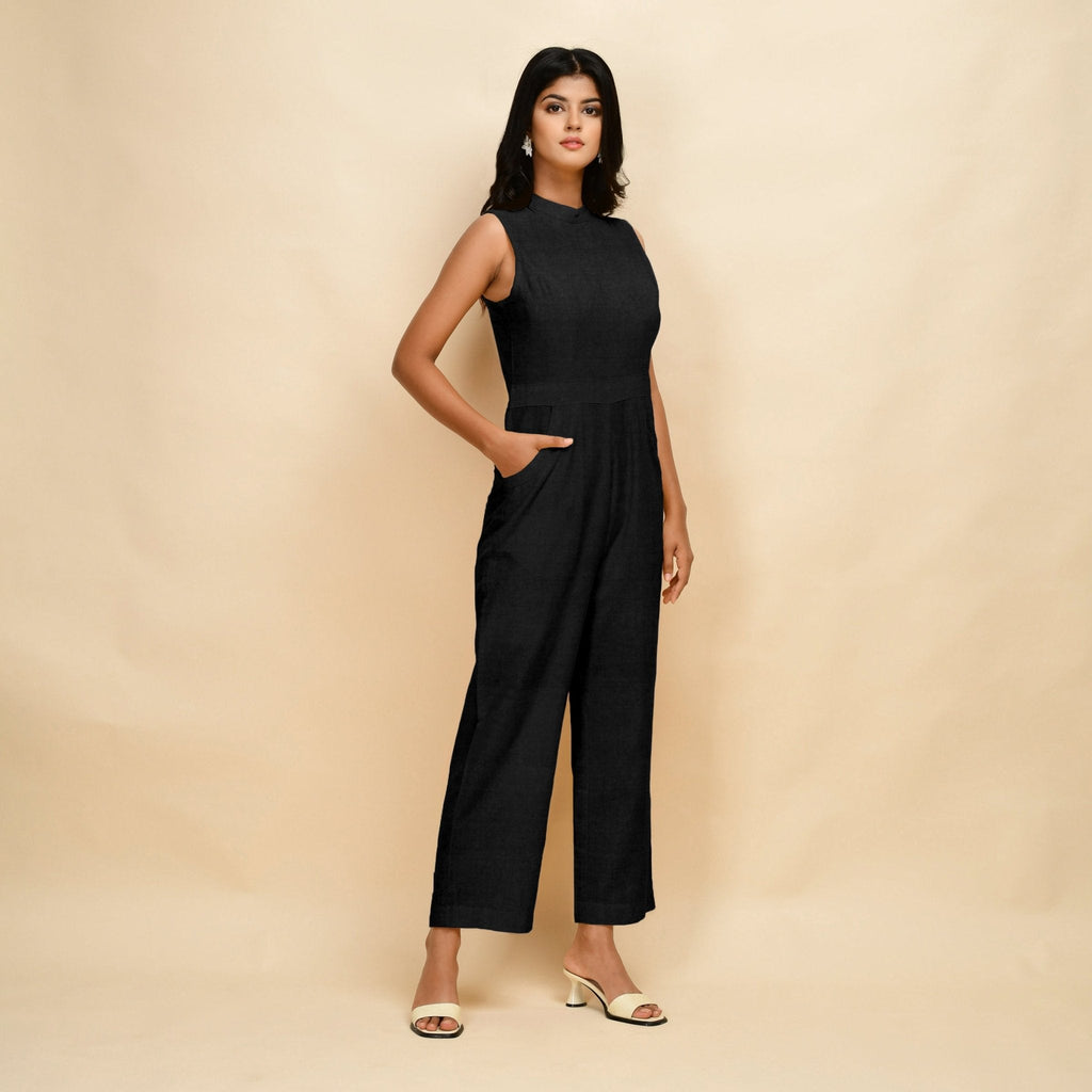Black Cotton Linen Sleeveless Princess Line Jumpsuit