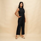 Black Cotton Linen Sleeveless Princess Line Jumpsuit
