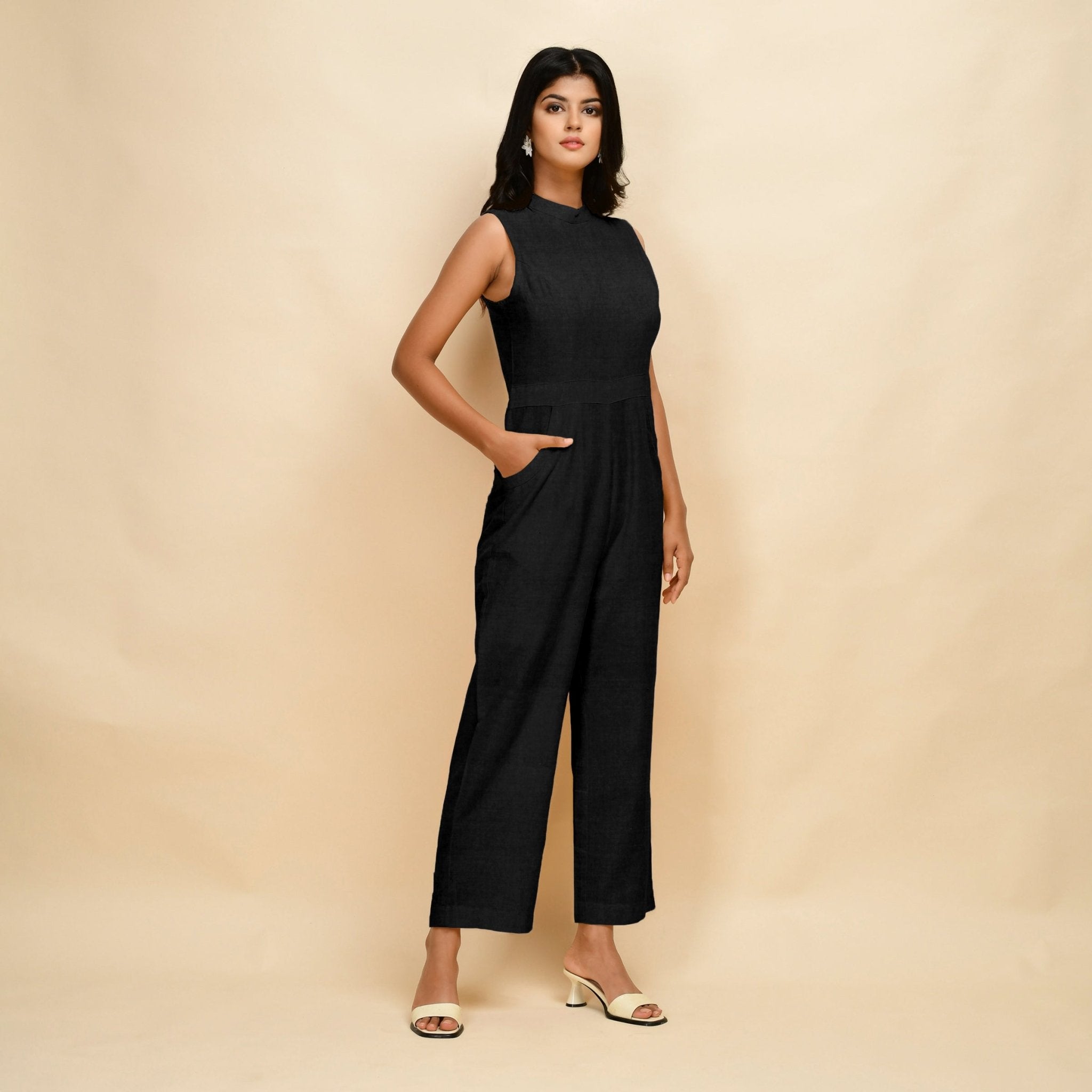 Black Cotton Linen Sleeveless Princess Line Jumpsuit