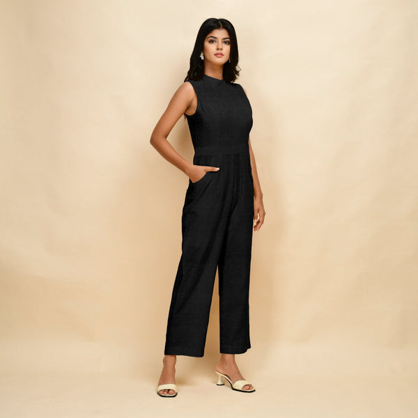 Black Cotton Linen Sleeveless Princess Line Jumpsuit