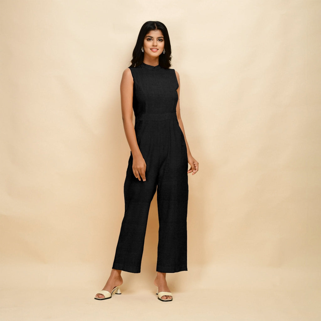 Black Cotton Linen Sleeveless Princess Line Jumpsuit