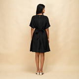 Black Cotton Linen V-Neck Knee Length Blouson Dress