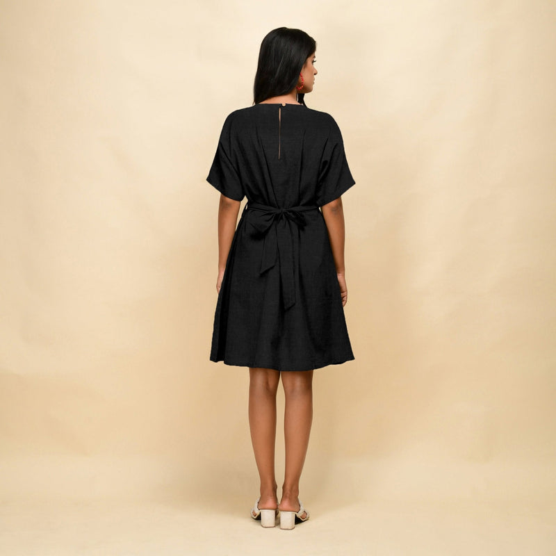 Black Cotton Linen V-Neck Knee Length Blouson Dress