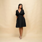 Black Cotton Linen V-Neck Knee Length Blouson Dress