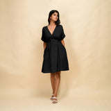 Black Cotton Linen V-Neck Knee Length Blouson Dress