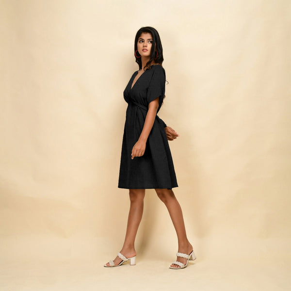 Black Cotton Linen V-Neck Knee Length Blouson Dress