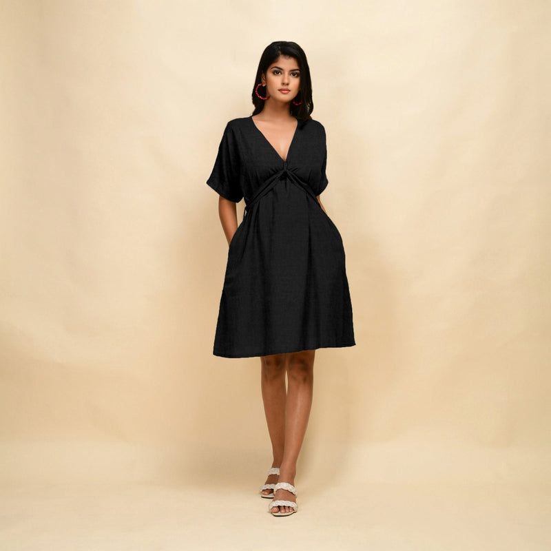Black Cotton Linen V-Neck Knee Length Blouson Dress