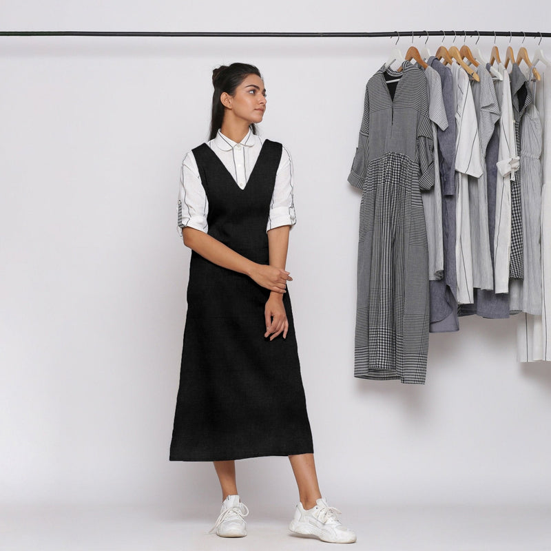Black Cotton Linen V-Neck Midi Pinafore Dress