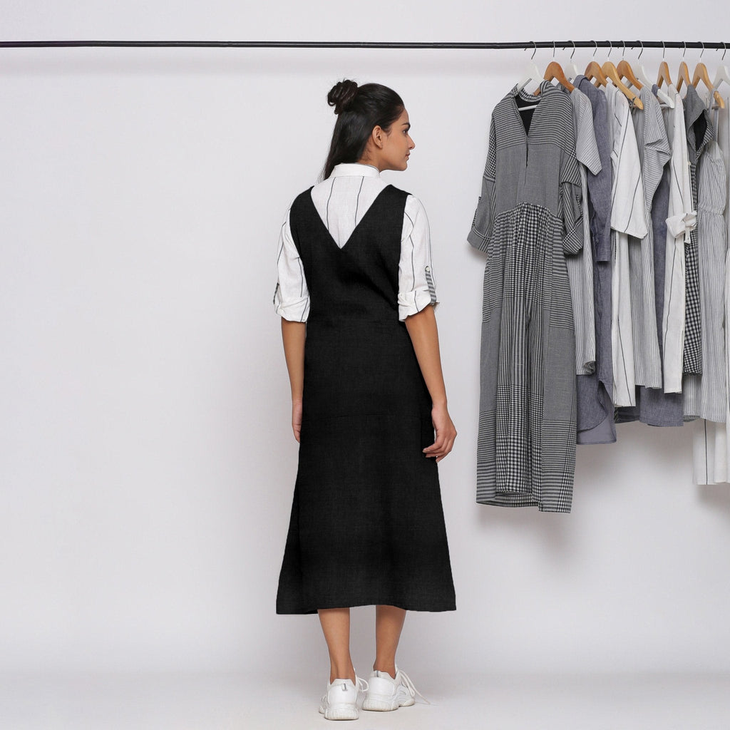 Black Cotton Linen V-Neck Midi Pinafore Dress