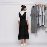 Black Cotton Linen V-Neck Midi Pinafore Dress