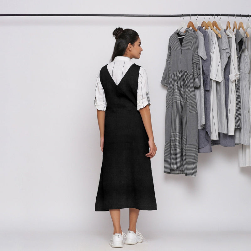 Black Cotton Linen V-Neck Midi Pinafore Dress