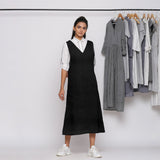 Black Cotton Linen V-Neck Midi Pinafore Dress