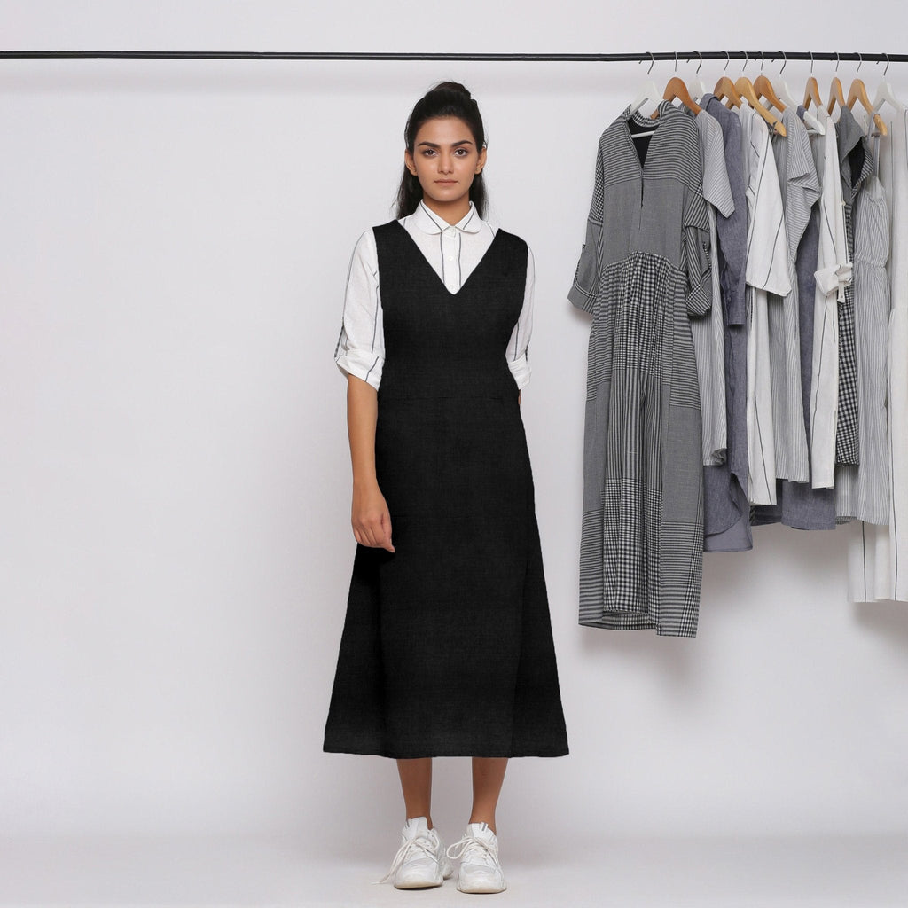 Black Cotton Linen V-Neck Midi Pinafore Dress