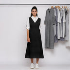 Black Cotton Linen V-Neck Midi Pinafore Dress