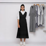 Black Cotton Linen V-Neck Midi Pinafore Dress