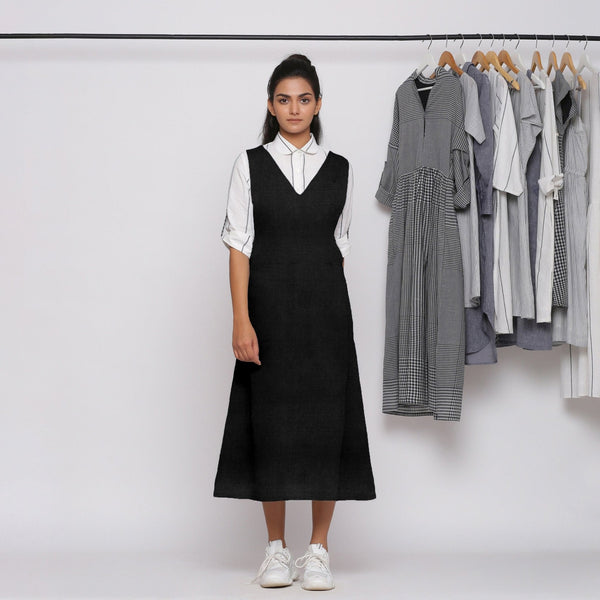 Black Cotton Linen V-Neck Midi Pinafore Dress