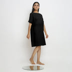 Black Cotton Linen Yoked Knee Length Shift Dress