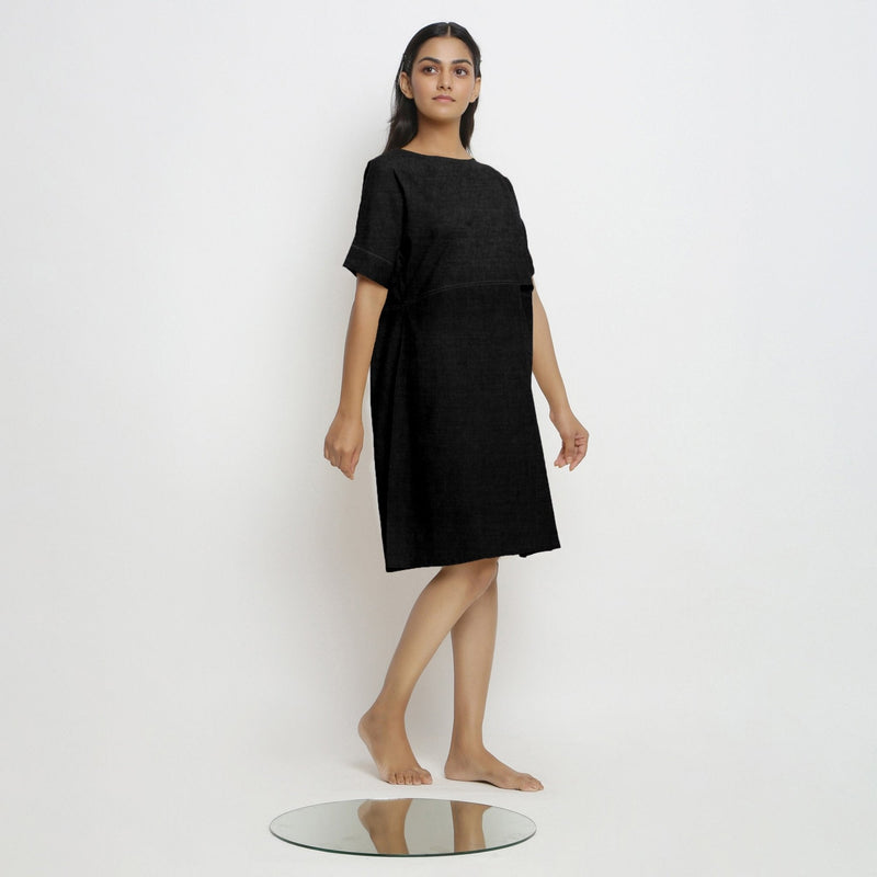Black Cotton Linen Yoked Knee Length Shift Dress