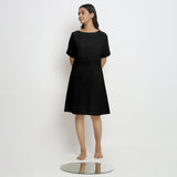Black Cotton Linen Yoked Knee Length Shift Dress